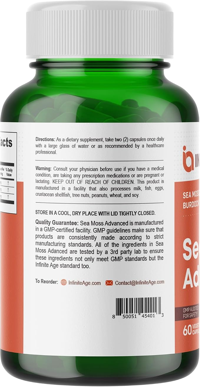 Infinite Age 1250mg Sea Moss Advanced Superfood Sea Moss-Bladderwrack -Burdock Root 60 Capsules thumbnail 3