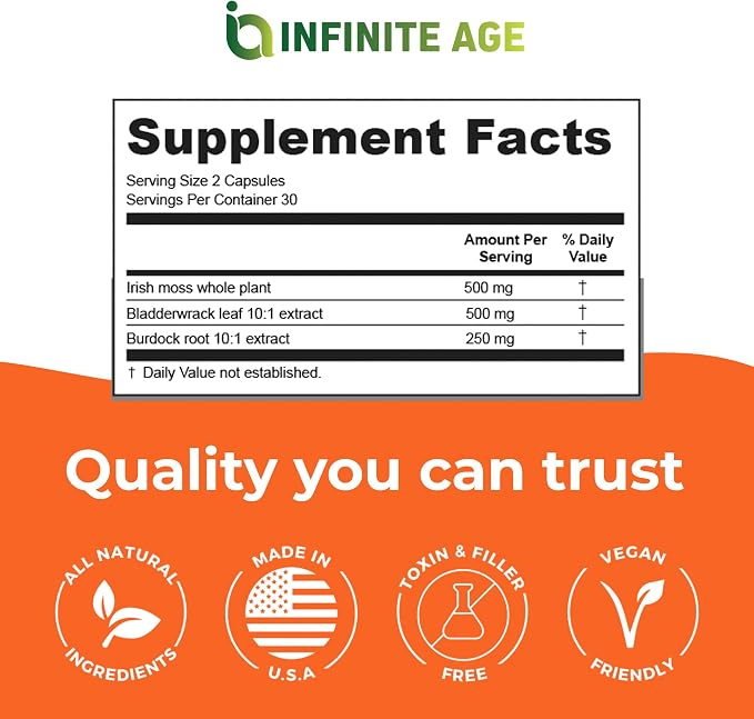 Infinite Age 1250mg Sea Moss Advanced Superfood Sea Moss-Bladderwrack -Burdock Root 60 Capsules thumbnail 2
