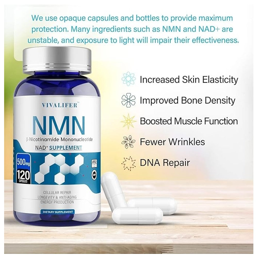 VIVALIFER NMN 500mg - NAD+ Supplement for Cellular Repair, Longevity, Anti-Aging & Energy - 120 Capsules - GMP Certified Dietary Supplement thumbnail 2