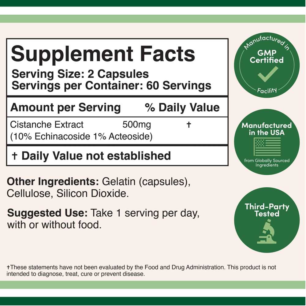 Double Wood Cistanche Extract – 500 Mg per Serving – 120 Capsules thumbnail 2
