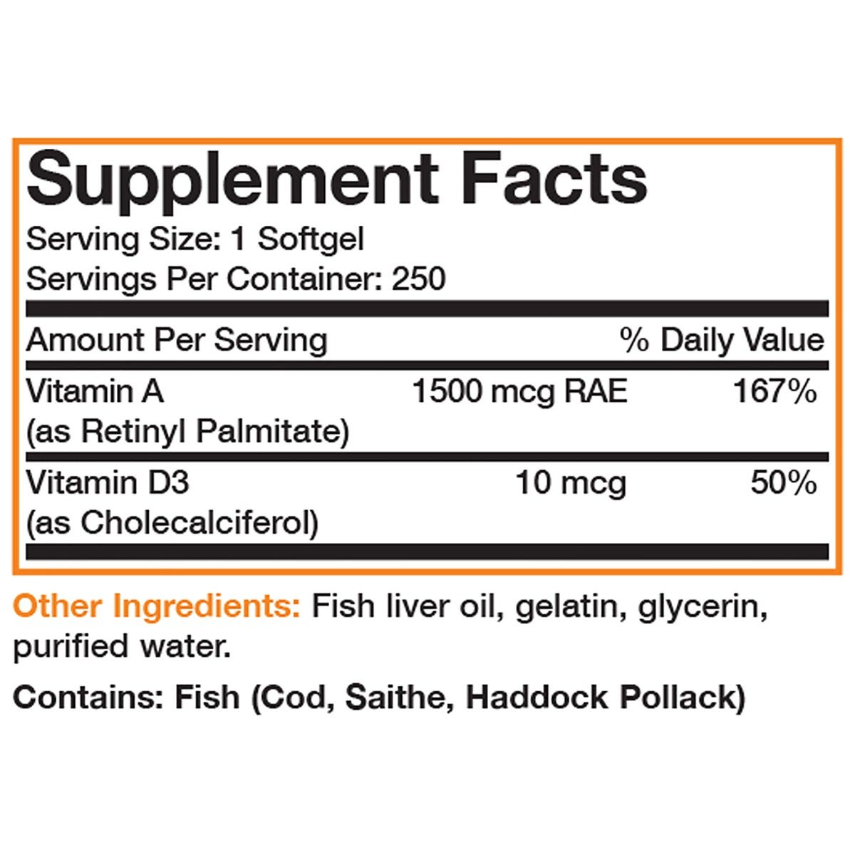 Bronson Vitamins Vitamin a & D Fish Liver Oil Efa - 250 Softgels thumbnail 2