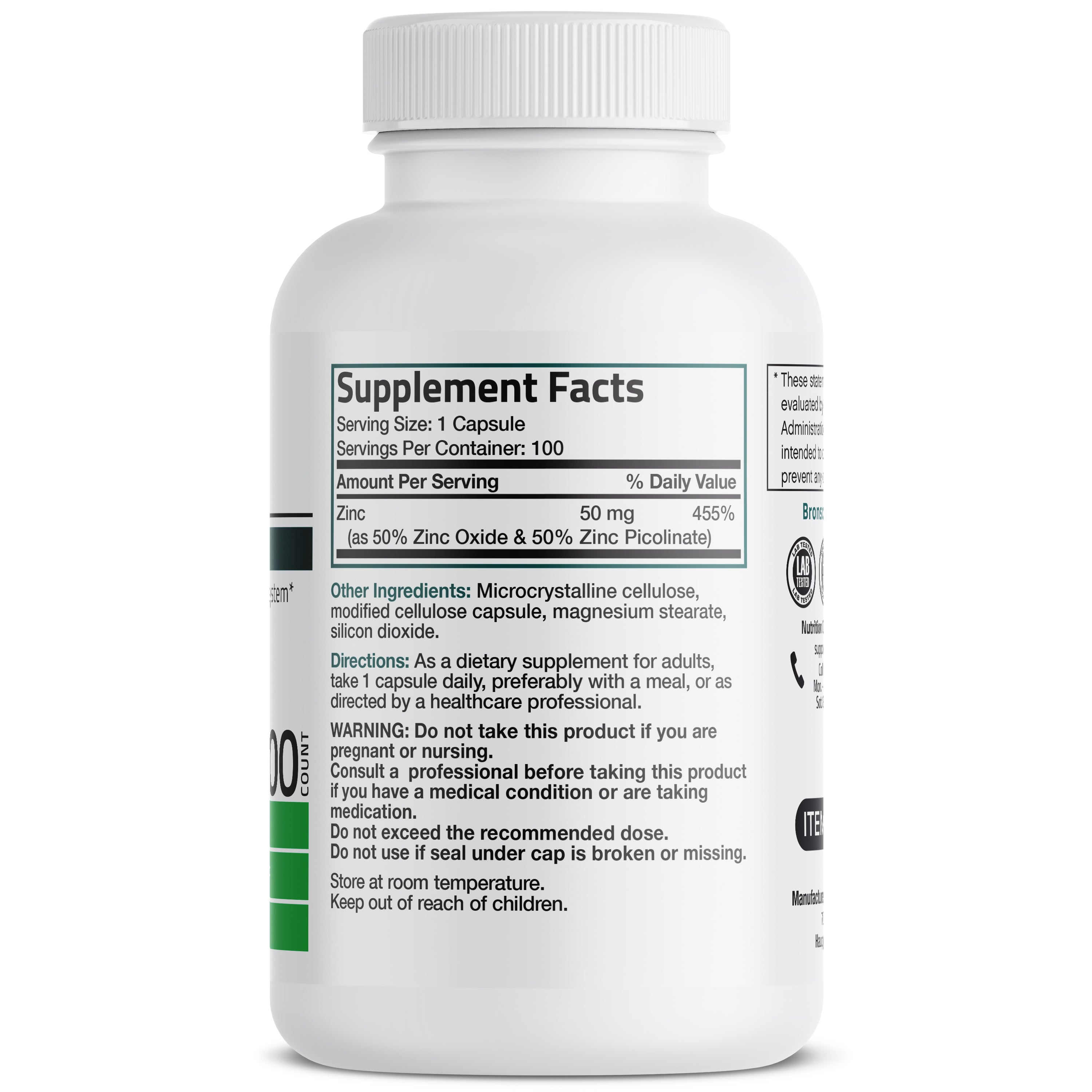 Bronson Vitamins Zinc - 50 Mg - 100 Vegetarian Capsules thumbnail 2