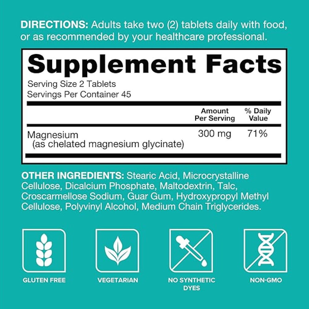 Qunol Magnesium Glycinate 300mg – Nerve & Muscle Support, 90 Tablets thumbnail 2