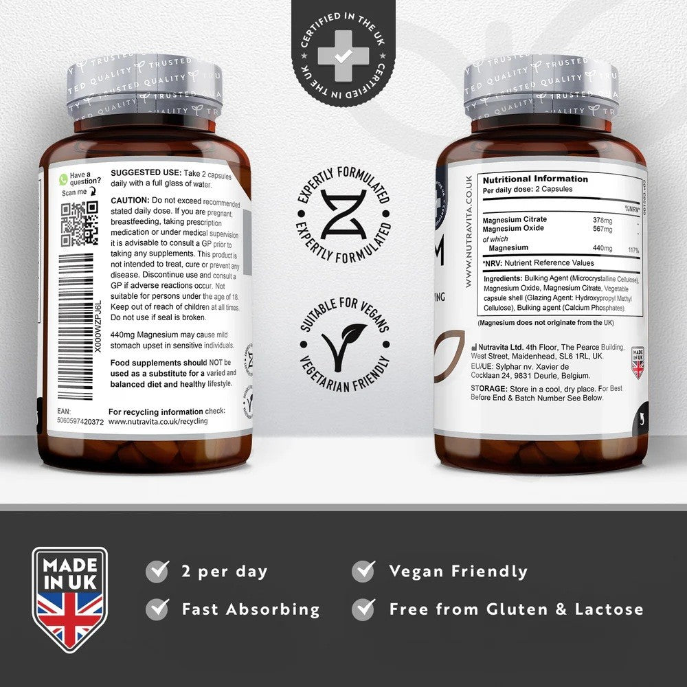Nutravita 440 Mg Magnesium Citrate | 180 Capsules | Muscle, Nerve & Bone Support thumbnail 2