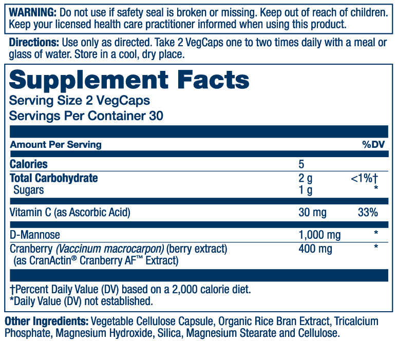 Solaray D-Mannose with Cranactin Cranberry Extract 1000mg 60 Caps thumbnail 2