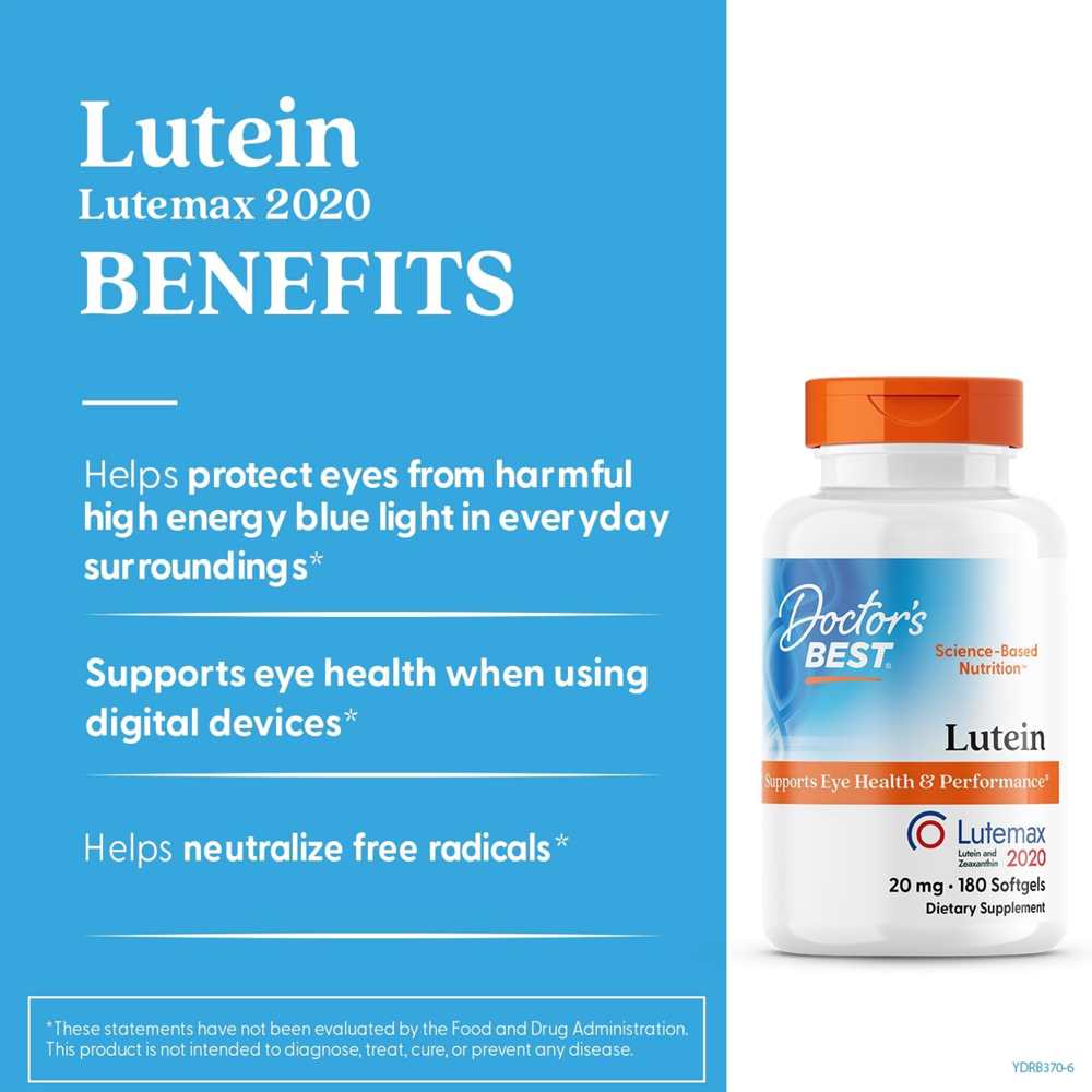 Doctor's Best Lutein, 20 Mg, Supports Eye Health & Performance 180 Softgels thumbnail 2