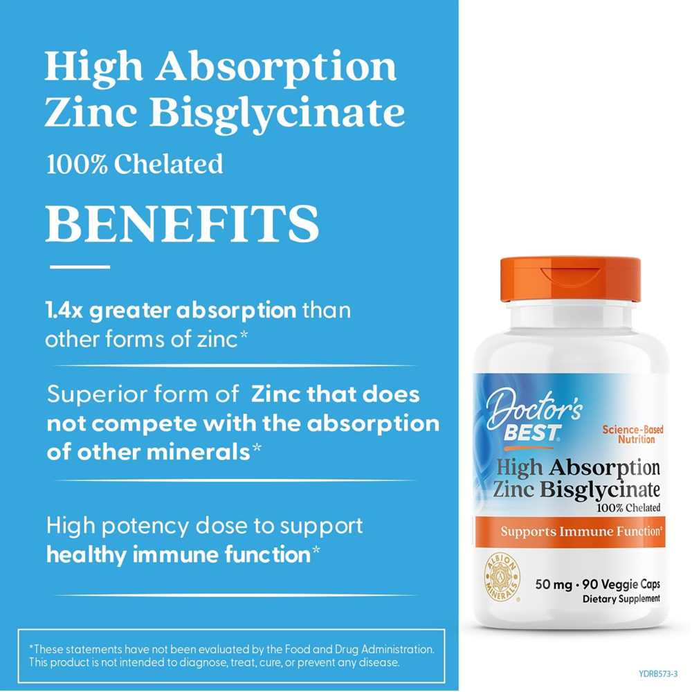 Doctor's Best High Absorption Zinc Bisglycinate, 100% Chelated, 50 Mg, 90 Veggie Caps thumbnail 2