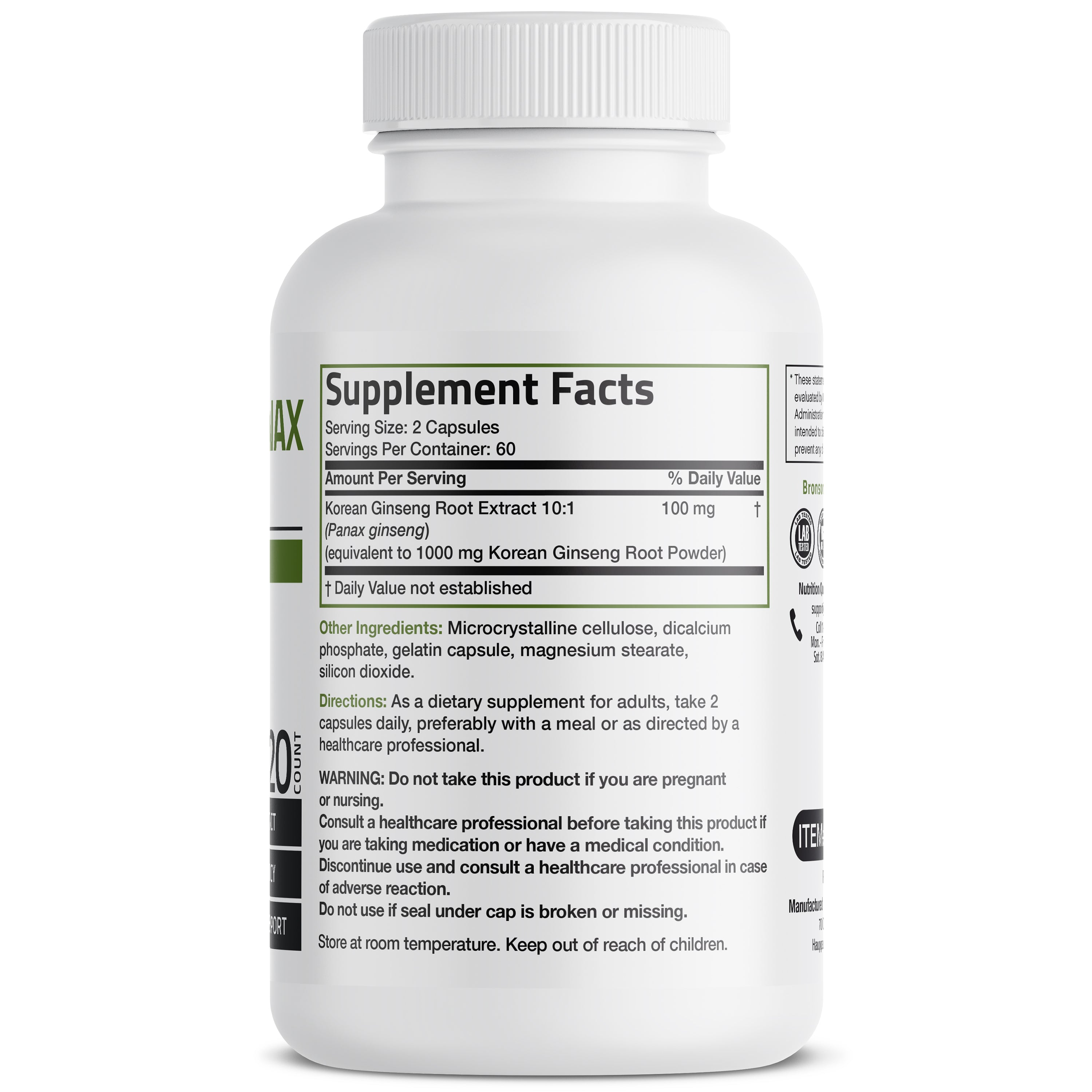 Bronson Vitamins Korean Panax Ginseng - 1,000 Mg 120 Caps thumbnail 3