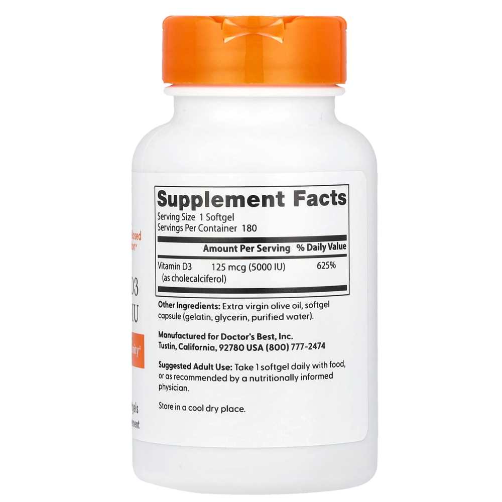 Doctor's Best Vitamin D3 125mcg (5000 Iu) Softgels 180 Count thumbnail 2