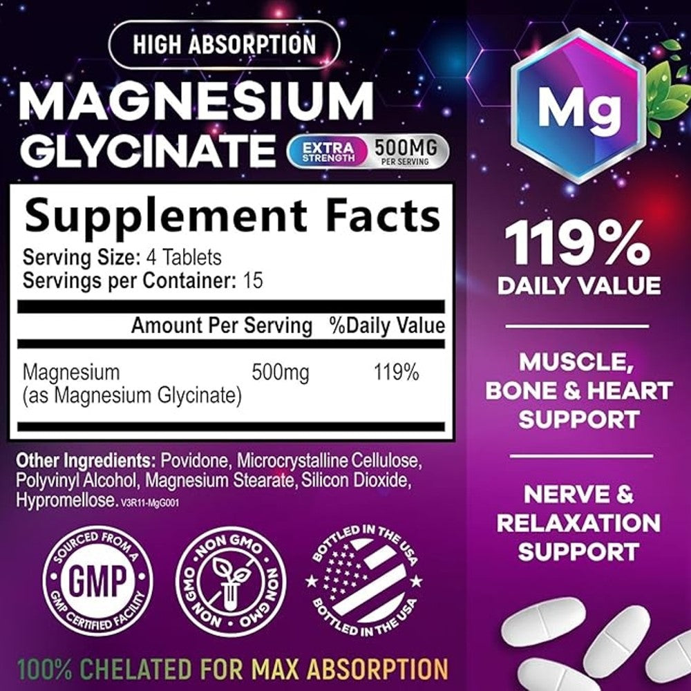 Nature's Nutrition Magnesium Glycinate Extra Strength 500mg – 60 Tablets thumbnail 2