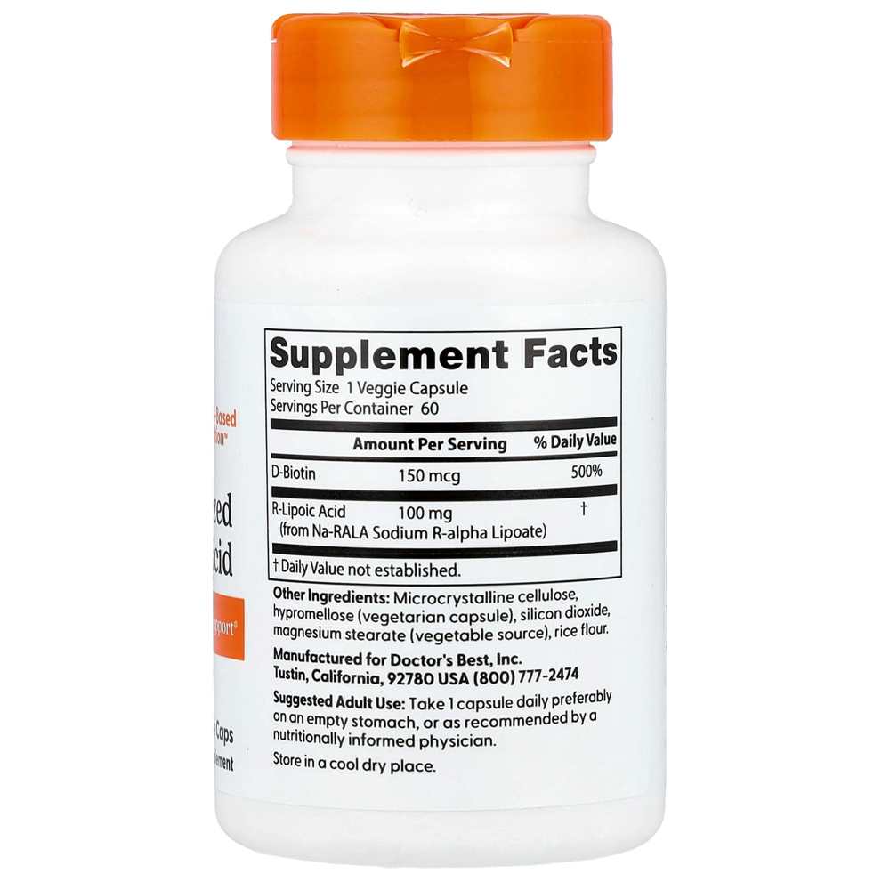 Doctor's Best Stabilized R-Lipoic Acid 100mg Veggie Caps 60 Count thumbnail 2