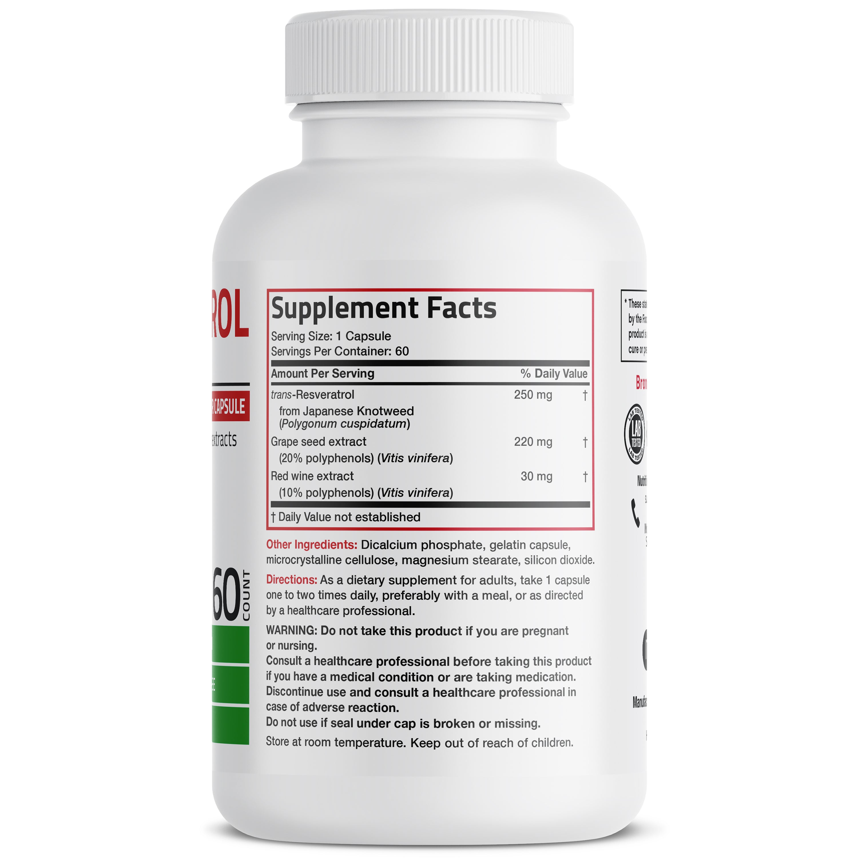 Bronson Vitamins Resveratrol Complex - 500 Mg 60 Caps thumbnail 4