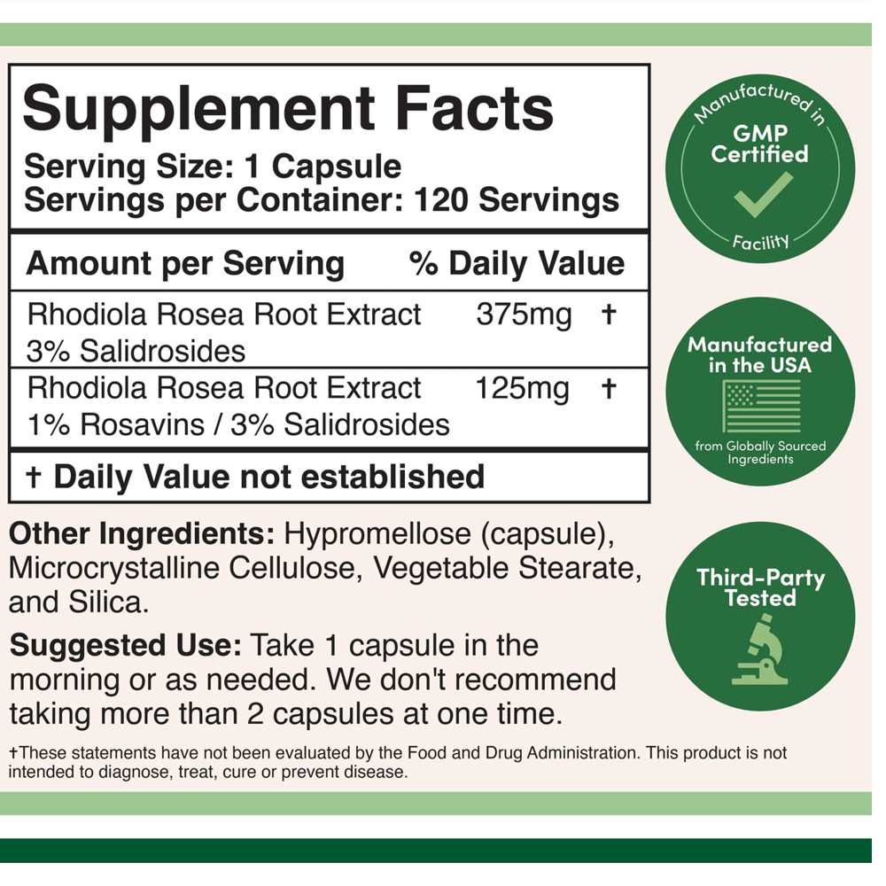 Double Wood Rhodiola Rosea Extract 500 Mg – 120 Veggie Capsules – Energy & Endurance thumbnail 2