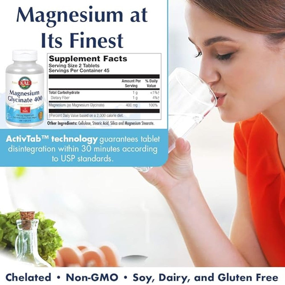 KAL Magnesium Glycinate 400mg (90 Tablets) – Vegan & Allergen-Free thumbnail 2