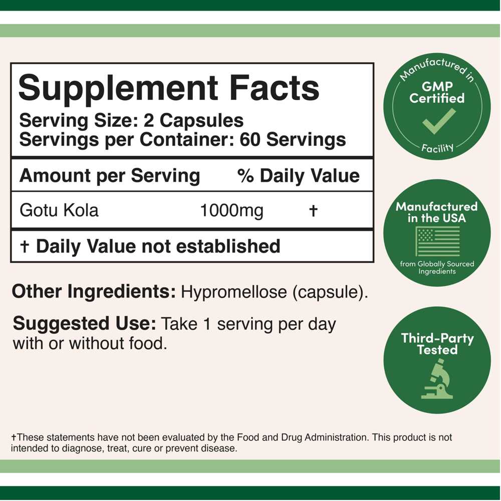 Double Wood Gotu Kola – 1000mg Herbal Support for Focus, Circulation & Skin | 120 Capsules thumbnail 2