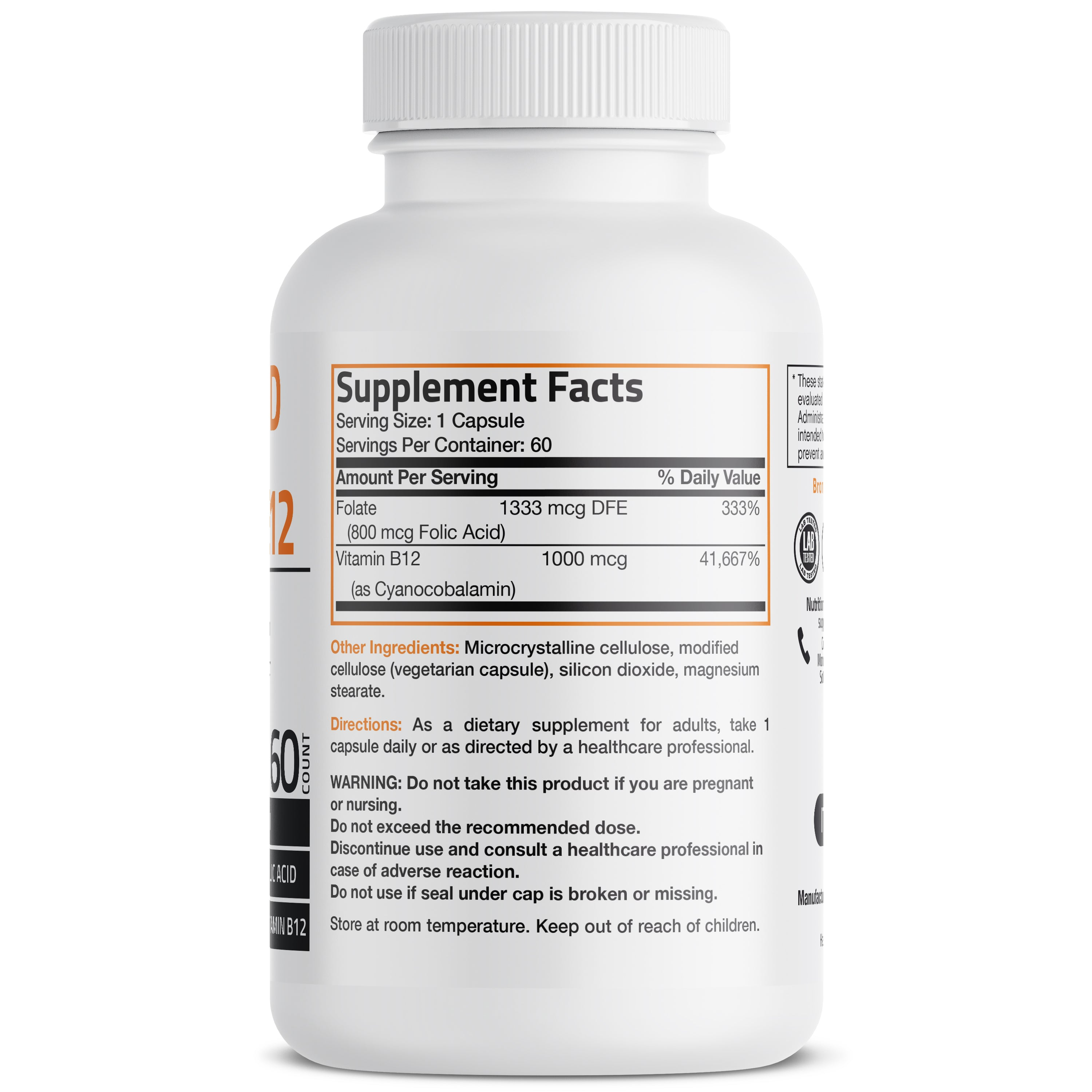 Bronson Vitamins Folic Acid Plus Vitamin B12 - 60 Vegetarian Capsules thumbnail 2