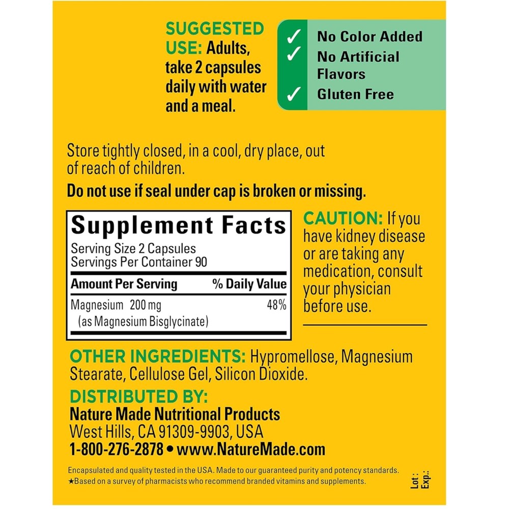 Magnesium Glycinate 200MG By Nature Made - for Muscle, Heart, Nerve and Bone Support thumbnail 2