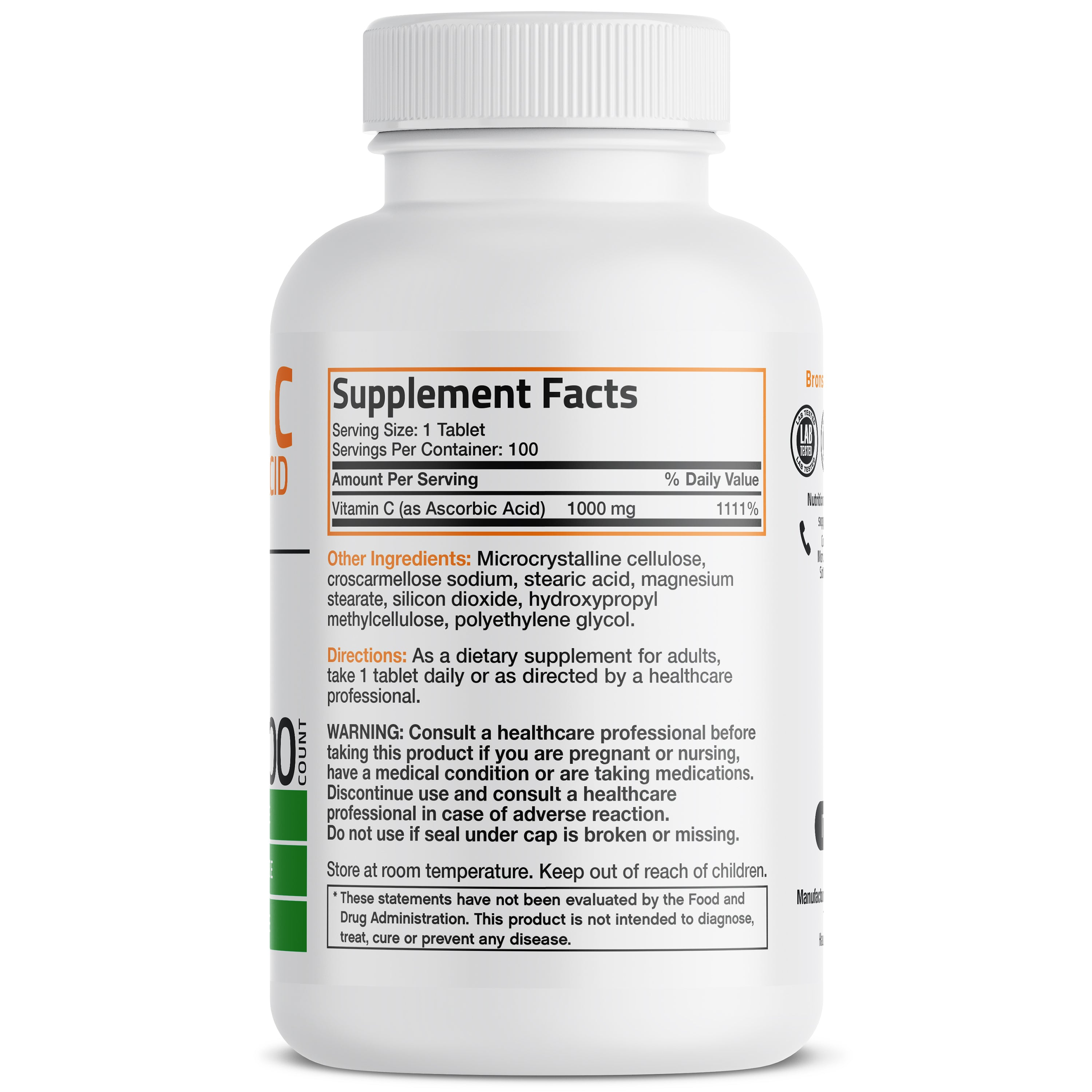 Bronson Vitamins Vitamin C Pure Ascorbic Acid - 1,000 Mg 100 Tabs thumbnail 2