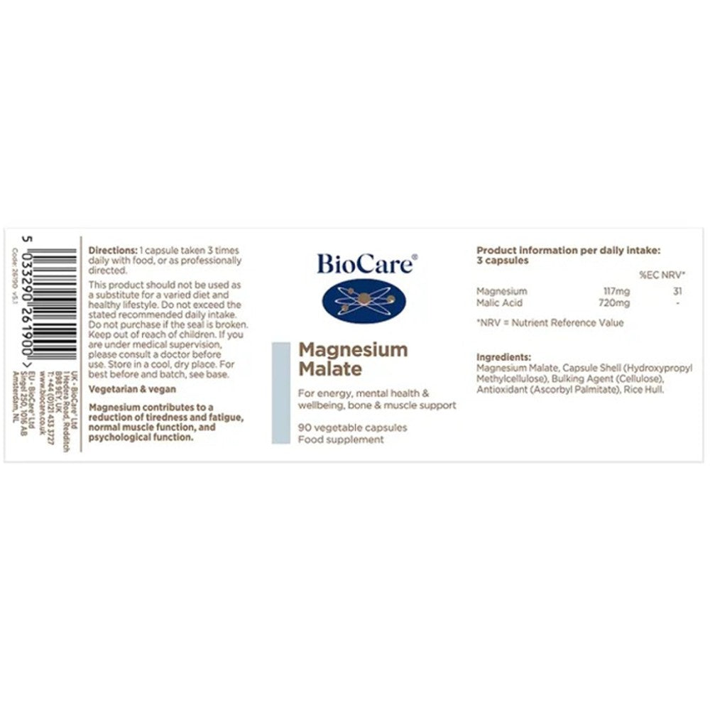 BioCare Magnesium Malate Capsules – Energy & Muscle Support, 90 Veg Caps thumbnail 2