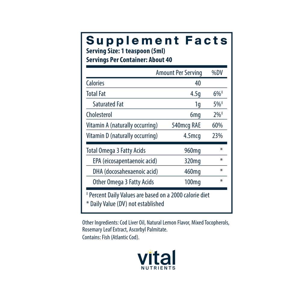 Vital Nutrients Ultra Pure® Cod Liver Oil 1025 Pharmaceutical Grade 200ml thumbnail 2
