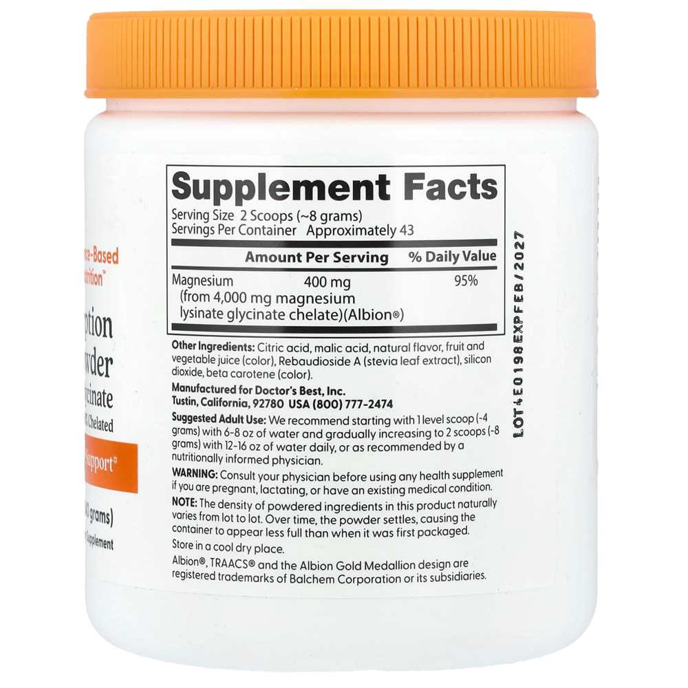 Doctor's Best High Absorption Magnesium Powder Lysinate Glycinate 100% Chelated, 400 Mg per Serving, Fruit Punch, 340g thumbnail 2