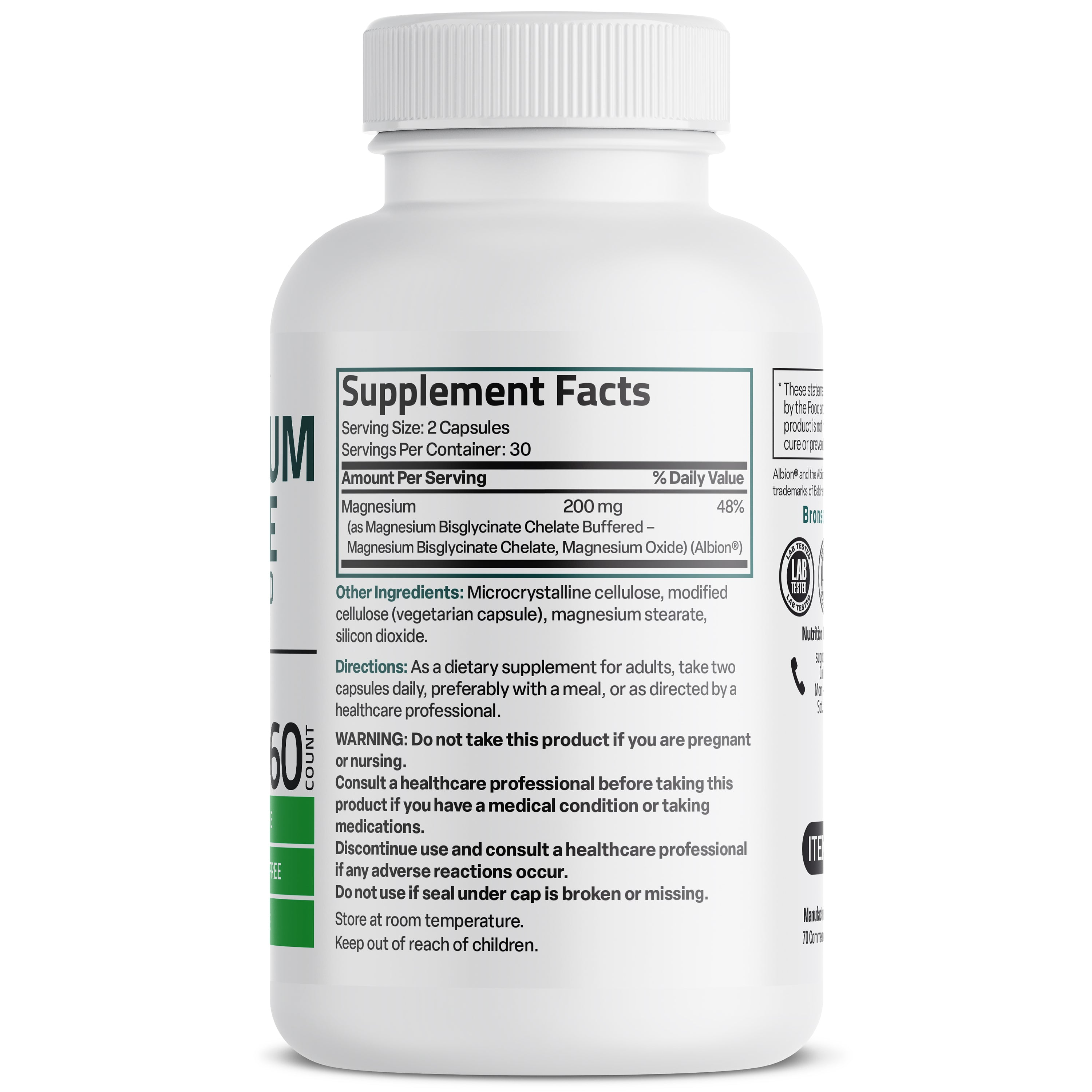 Bronson Vitamins Magnesium Glycinate High Absorption 200 Mg 60 Caps thumbnail 2