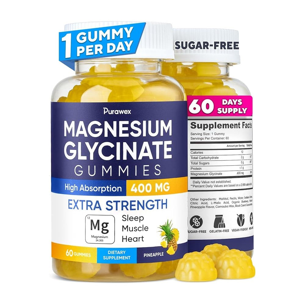 Purawex Magnesium Glycinate Gummies – Extra Strength 400mg 60 Gummies thumbnail 3
