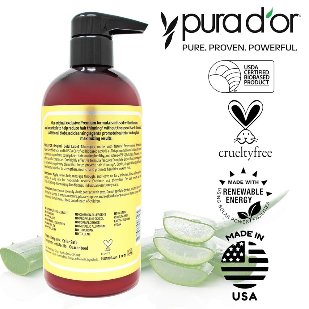 PURA D'OR Original Gold Label Anti Hair-Thinning Biotin Shampoo - 16oz for Men & Women thumbnail 2