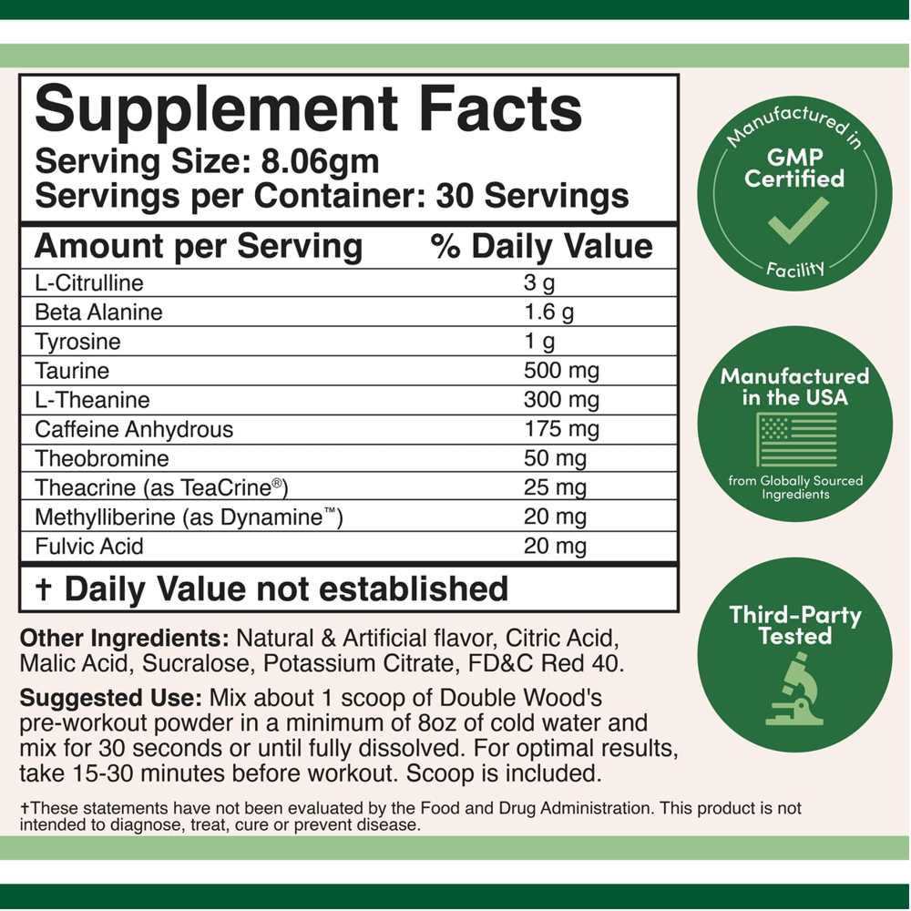 Double Wood Dws Pre-Workout – Energy, Focus & Pump Formula with Caffeine, Dynamine & Citrulline | Watermelon | 241.8g thumbnail 2