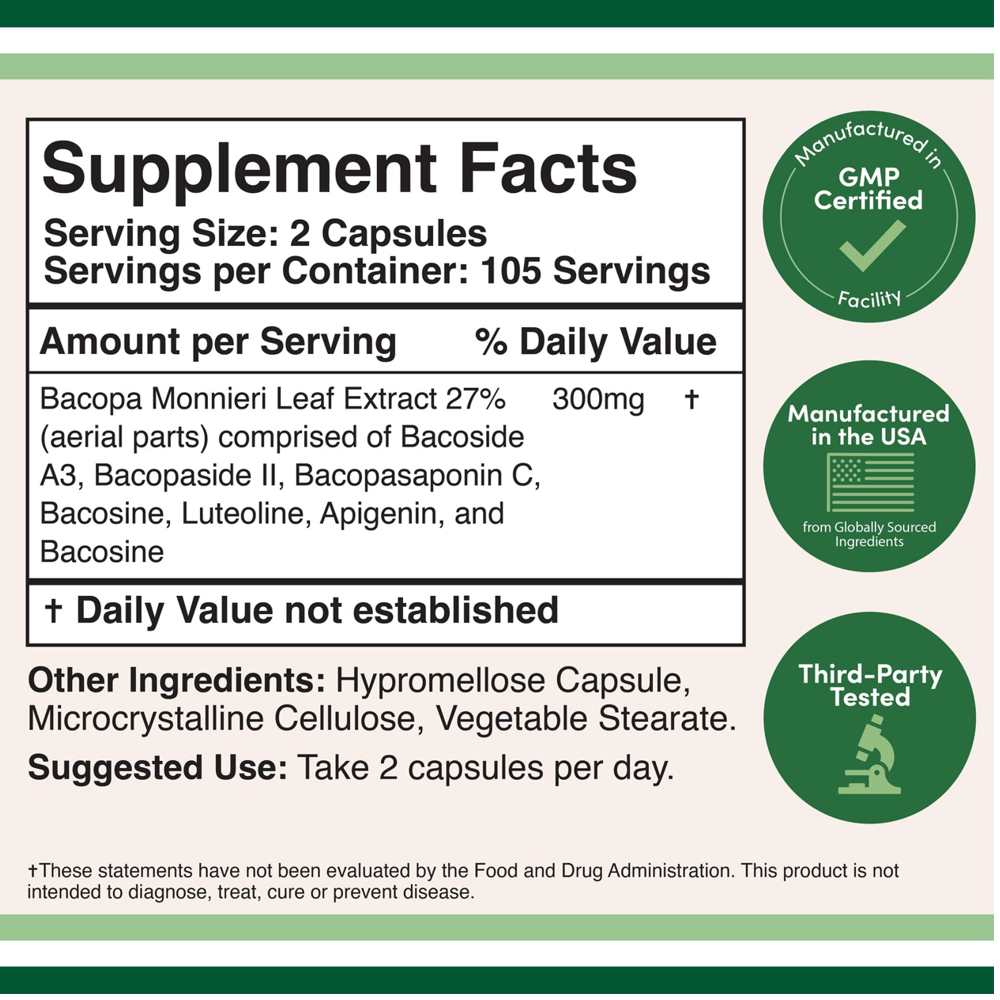 Double Wood Baco Mind™ – 300mg Clinically Studied Bacopa Monnieri | 210 Capsules thumbnail 2