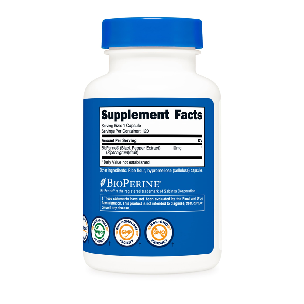 Nutricost BioPerine Black Pepper Extract – 10mg for Enhanced Absorption | 120 Capsules thumbnail 2