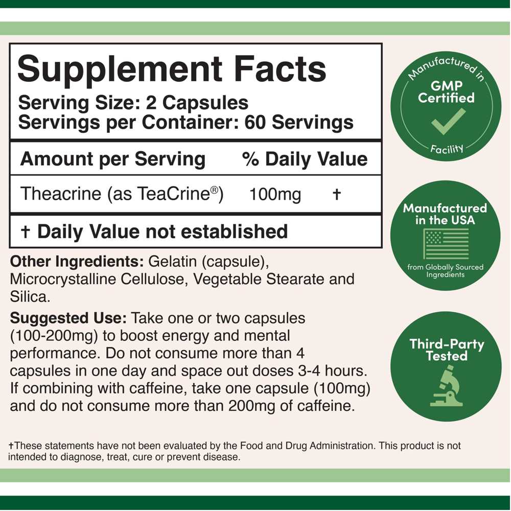 Double Wood® Theacrine – 100mg Mental Focus & Stamina Support | 60 Capsules thumbnail 2