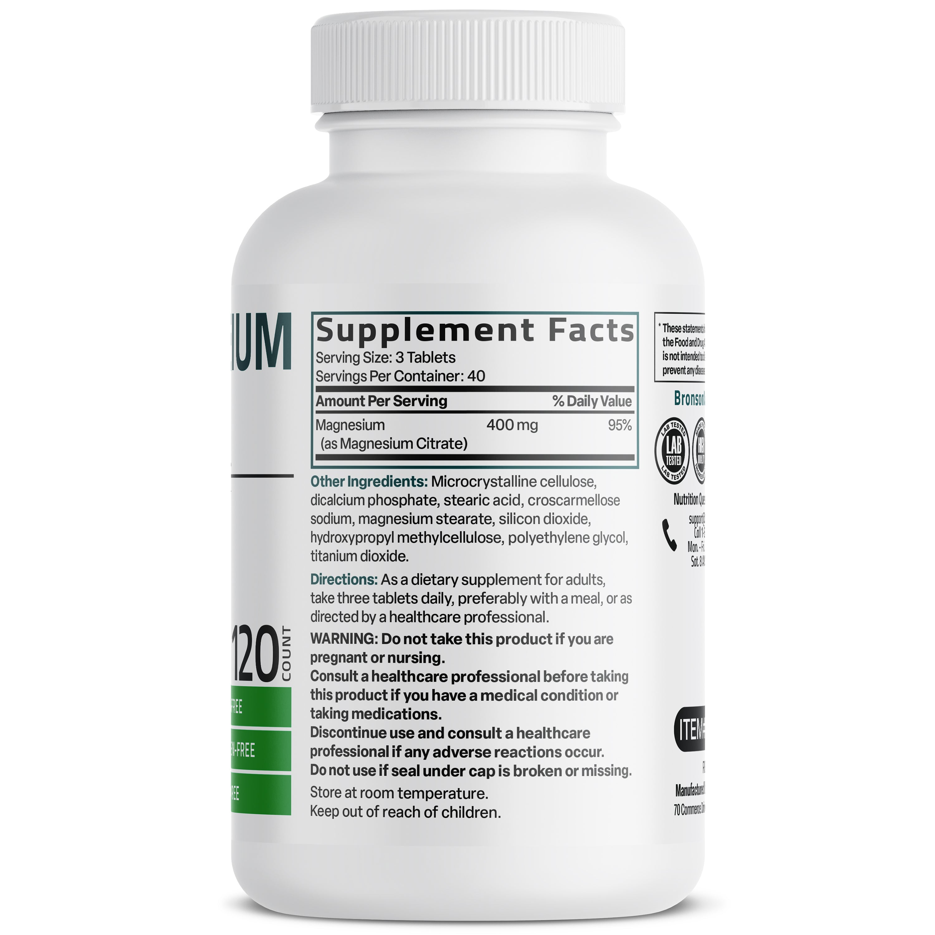 Bronson Vitamins Magnesium Citrate 120 Tabs thumbnail 3