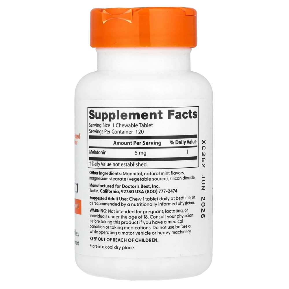 Doctor's Best Melatonin, Natural Mint, 5Mg, 120 Chewable Tablets thumbnail 2