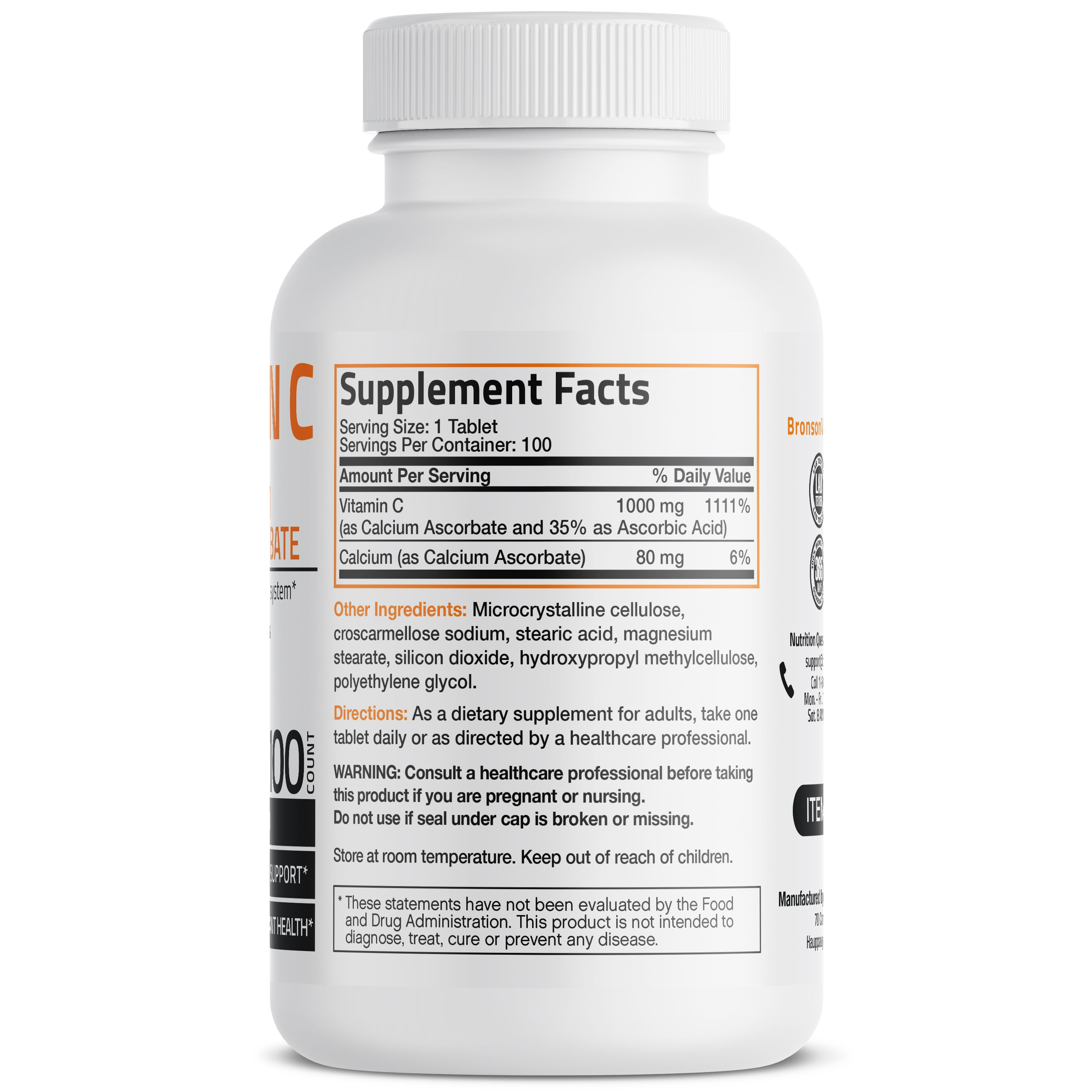 Bronson Vitamins Buffered Vitamin C Calcium Ascorbate - 1,000 Mg 100 Tabs thumbnail 2