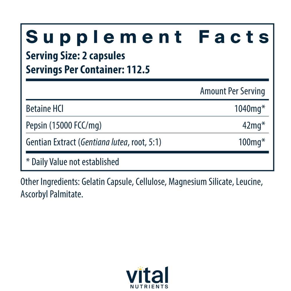 Vital Nutrients Betaine H Cl Pepsin Gentian Root Extract 225 Caps thumbnail 2