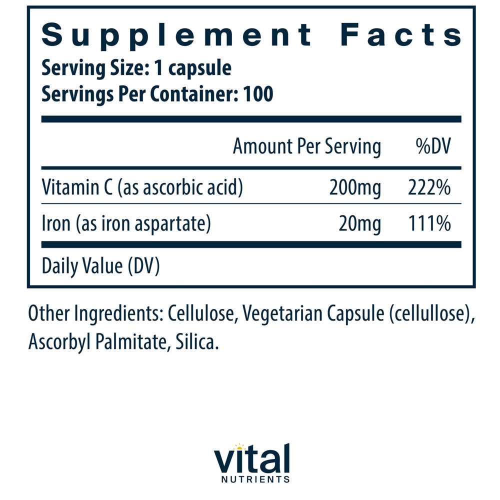 Vital Nutrients Iron Plus C 20mg/200mg 100 Caps thumbnail 2