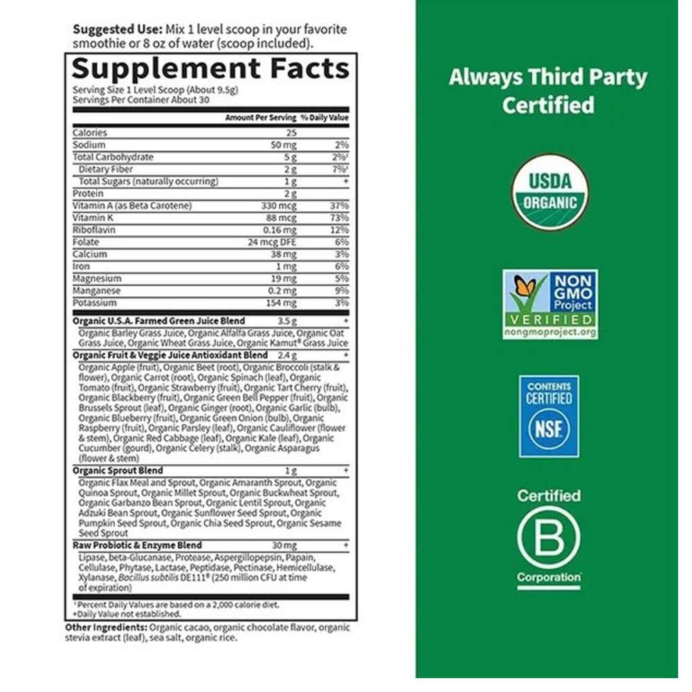 Garden of Life Raw Organic Perfect Food Green Superfood Chocolate Powder 285g thumbnail 2