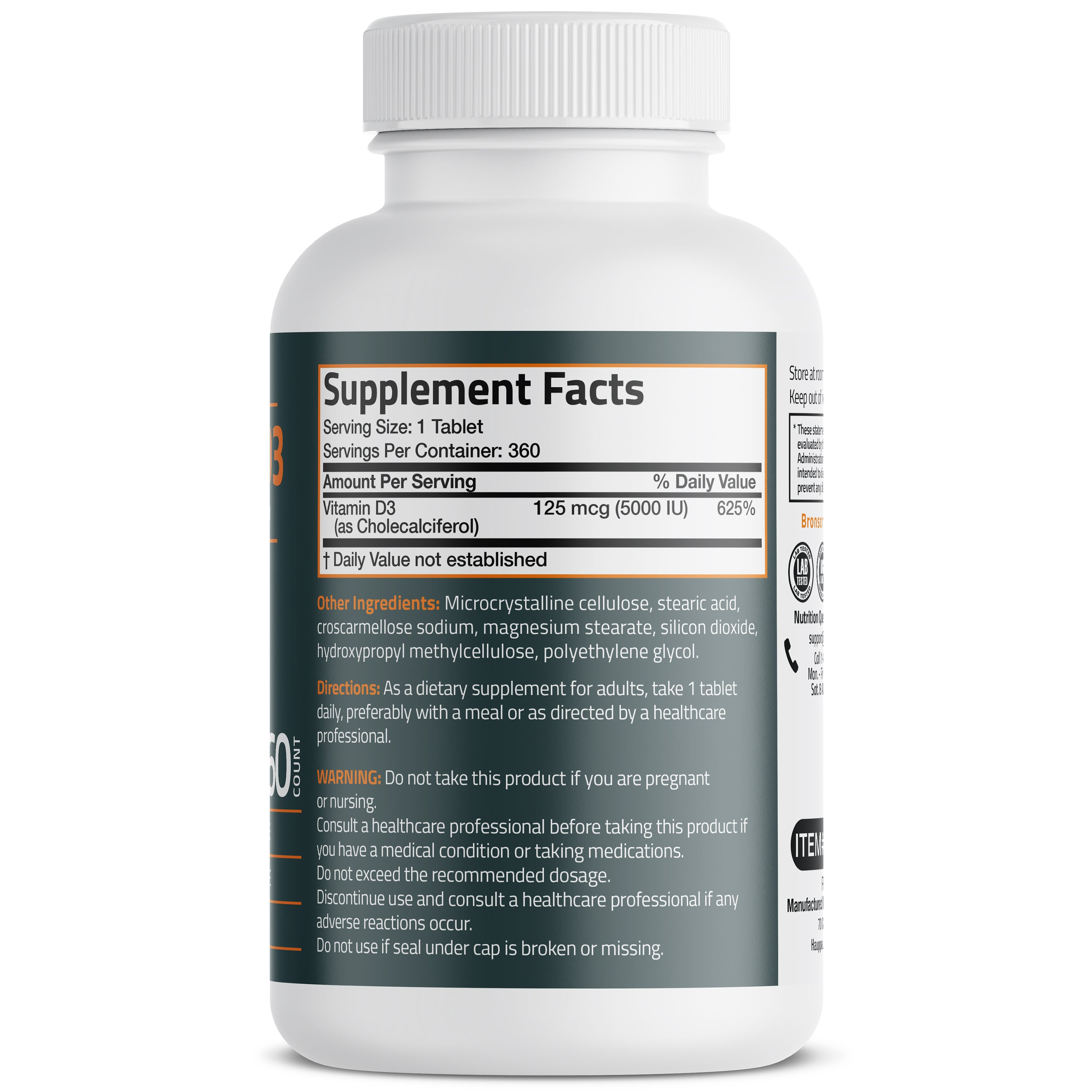 Bronson Vitamins Vitamin D3 5,000 Iu (125 Mcg), 360 Tablets thumbnail 2
