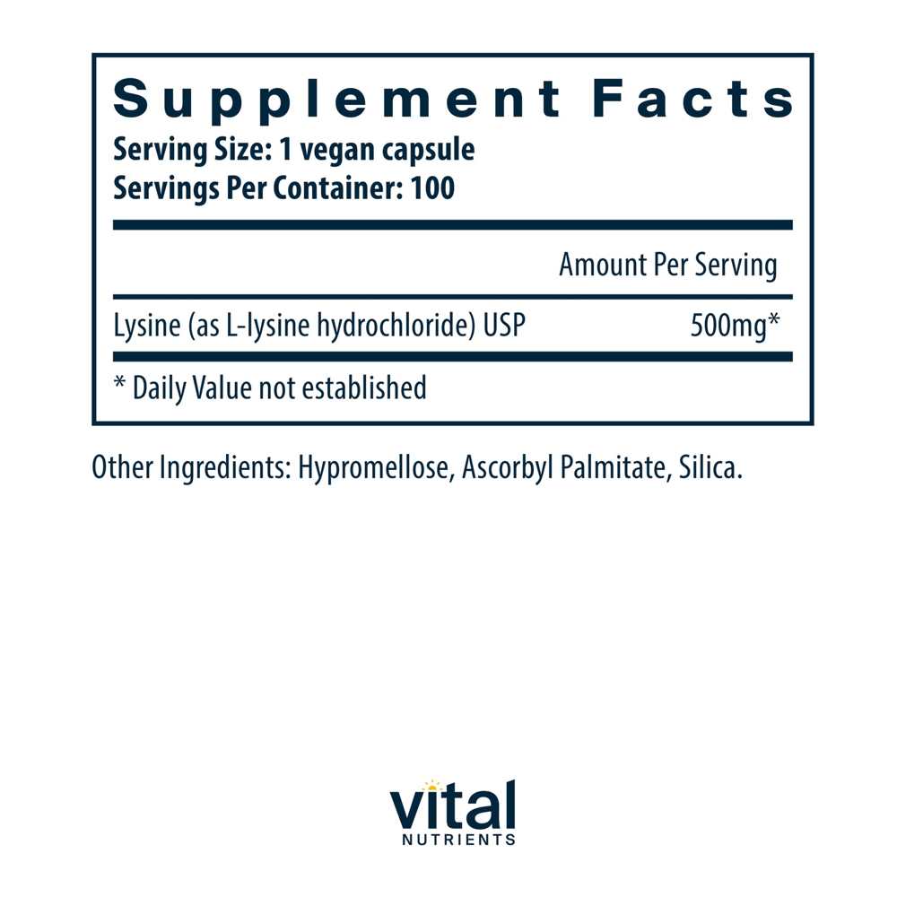Vital Nutrients Lysine 500mg 100 Caps thumbnail 2