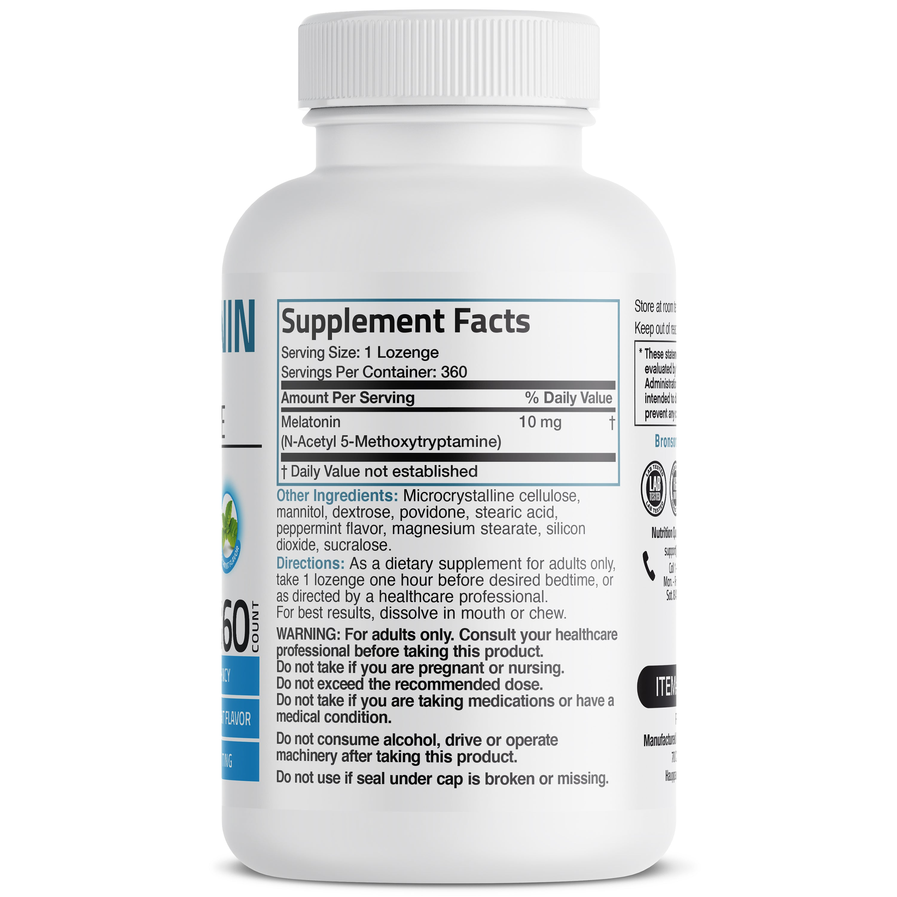 Bronson Vitamins Melatonin Fast Dissolve - Peppermint - 10 Mg - 360 Vegetarian Lozenges thumbnail 2