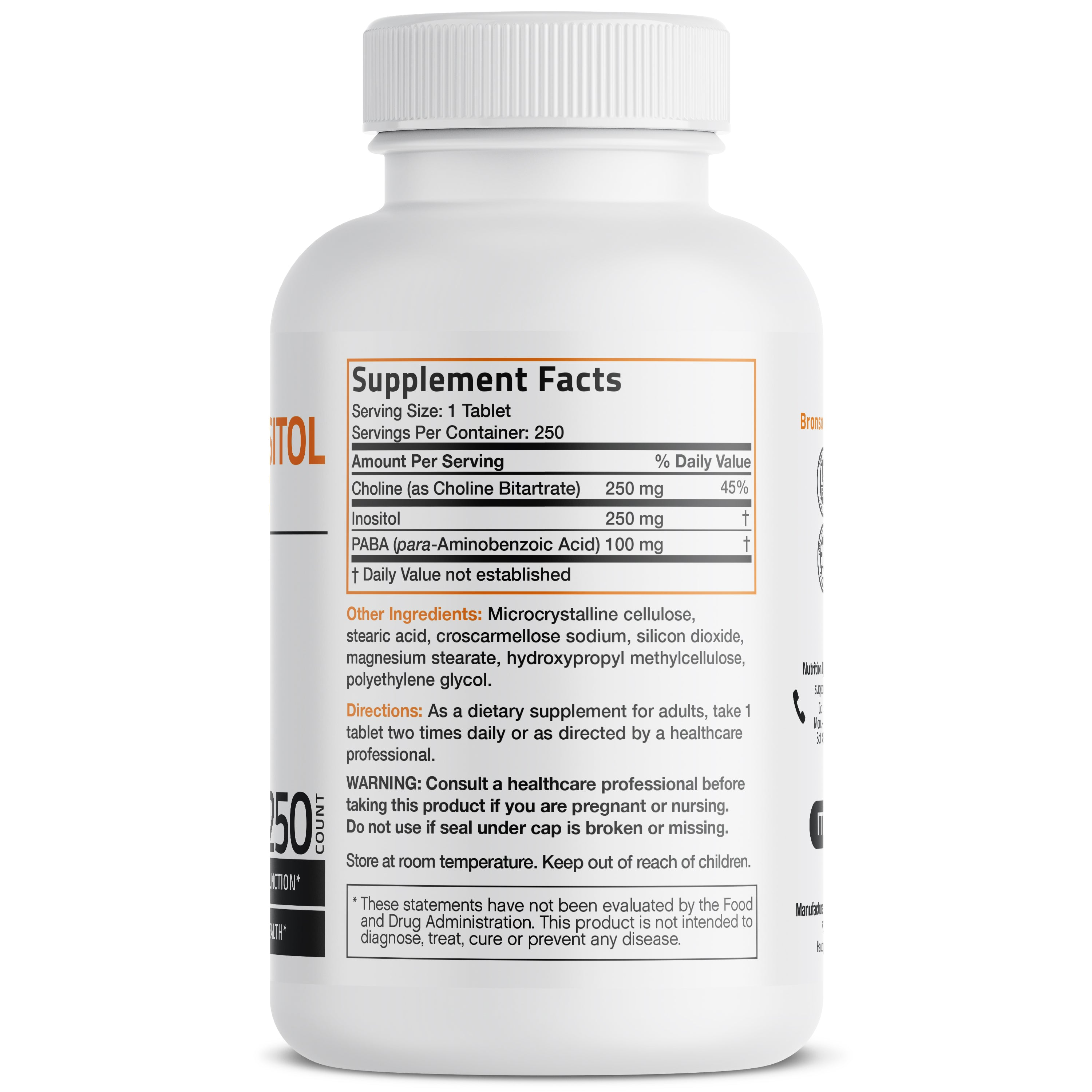 Bronson Vitamins Choline with Inositol and Paba - 250 Tablets thumbnail 2