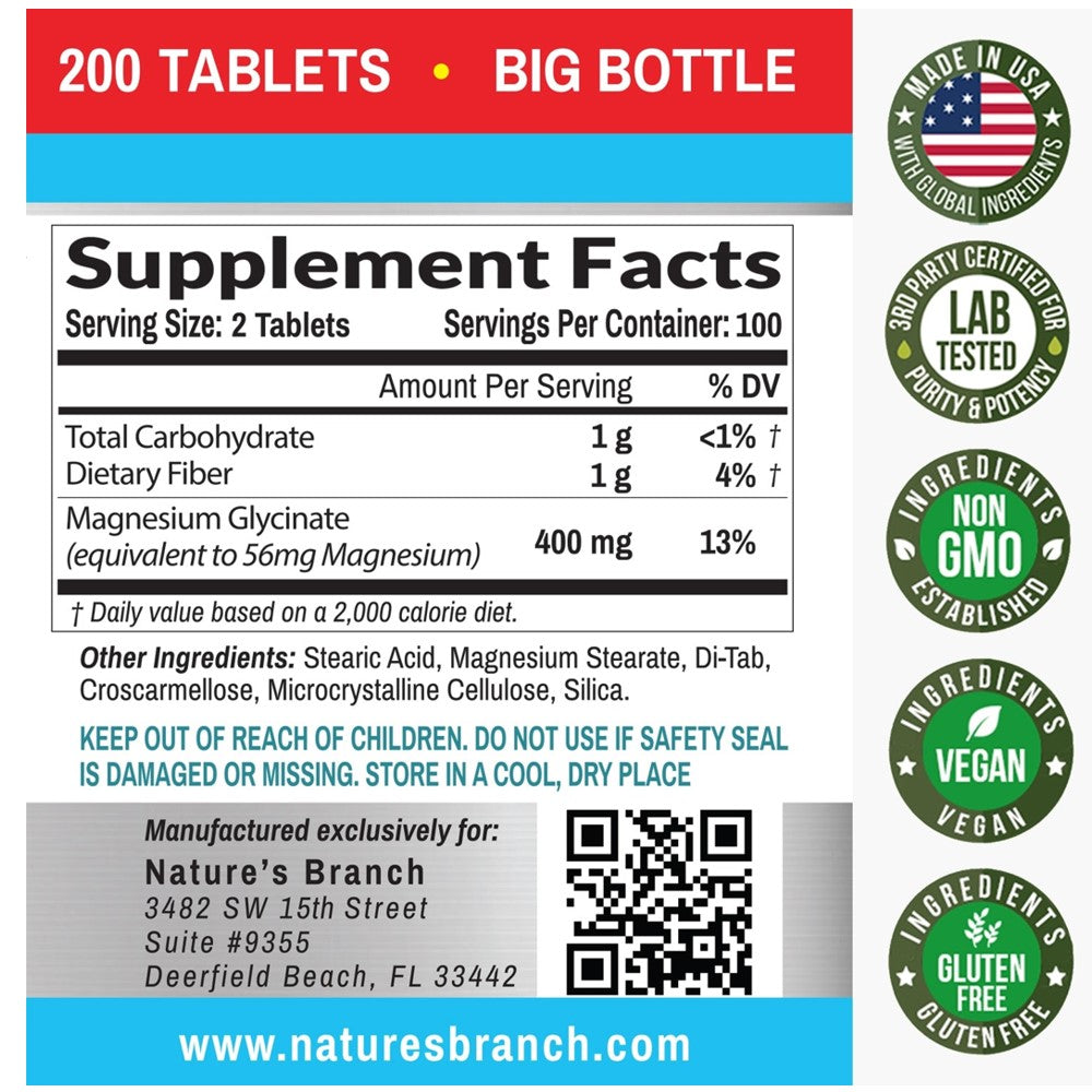 Nature's Branch Magnesium Glycinate 400mg – High Absorption, Vegan, 200 Tablets thumbnail 2