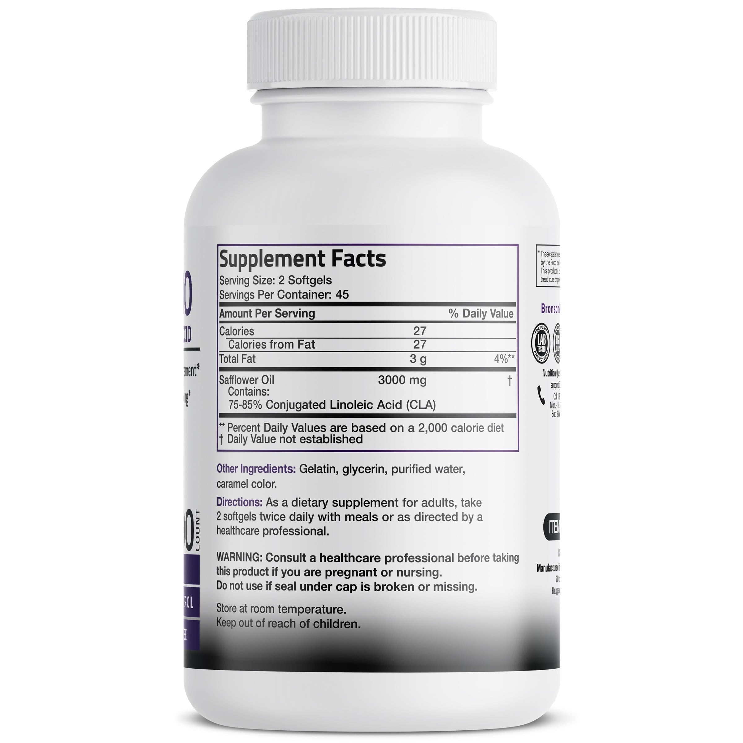 Bronson Vitamins Cla 3000 Conjugated Linoleic Acid Extra High Potency - 3,000 Mg 90 Softgels thumbnail 4