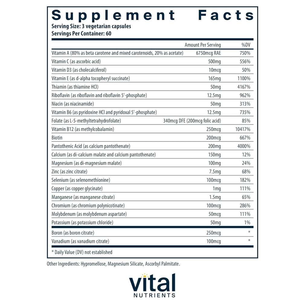 Vital Nutrients Multi-Nutrients – Iron & Iodine-Free Formula | 180 Vegetarian Capsules thumbnail 2