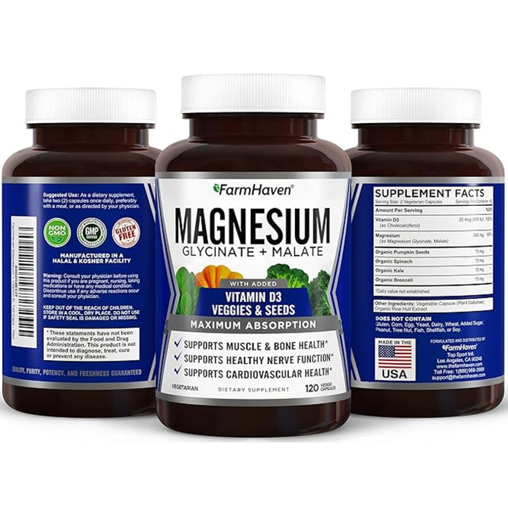 FarmHaven Magnesium Glycinate + Malate with Vitamin D3 - 120 Capsules thumbnail 2
