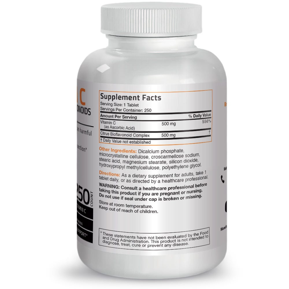 Bronson Vitamins Vitamin C Ascorbic Acid with Citrus Bioflavonoids - 500 Mg - 250 Tablets thumbnail 2