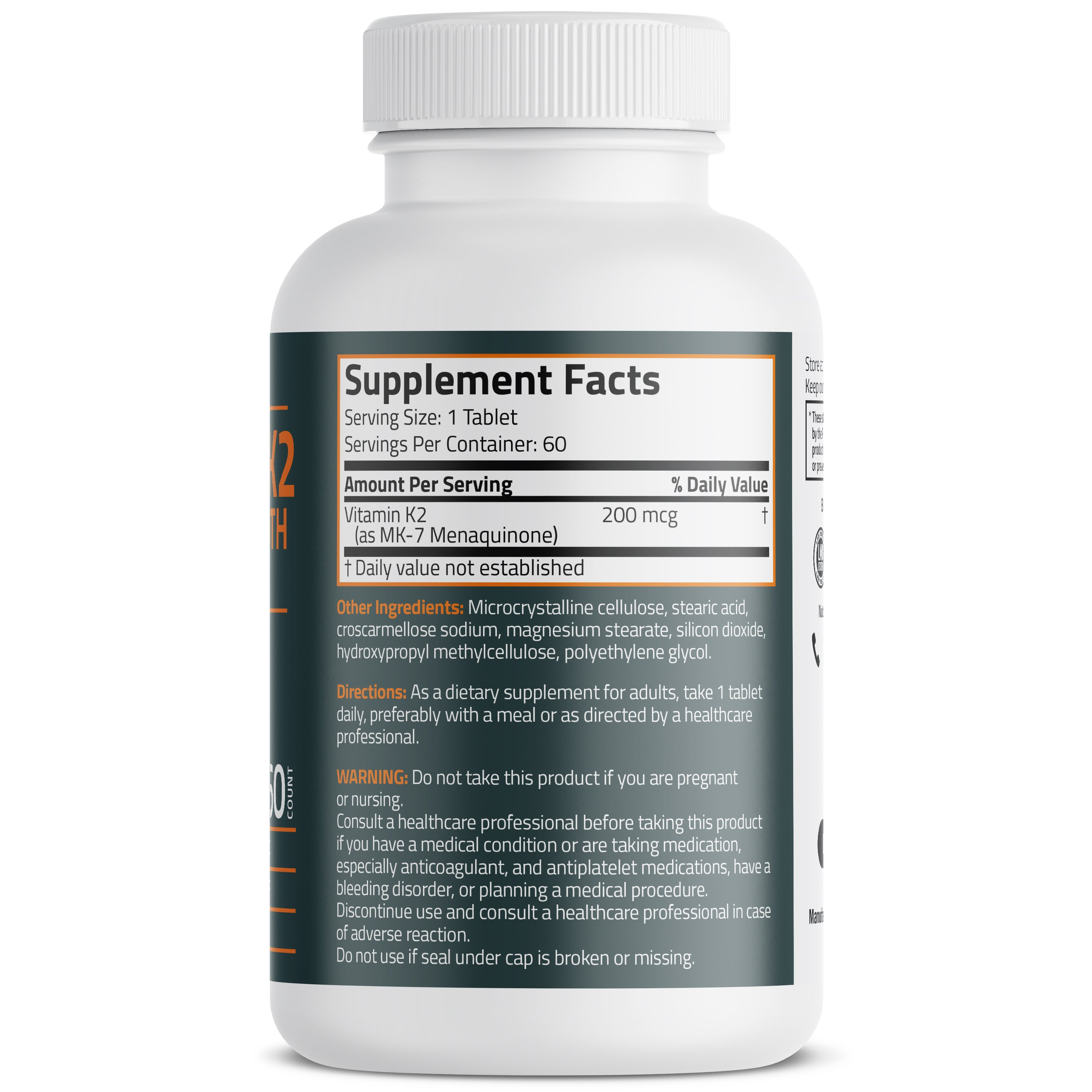 Bronson Vitamins Vitamin K2 Extra Strength Mk-7 200 Mcg 60 Tabs thumbnail 2