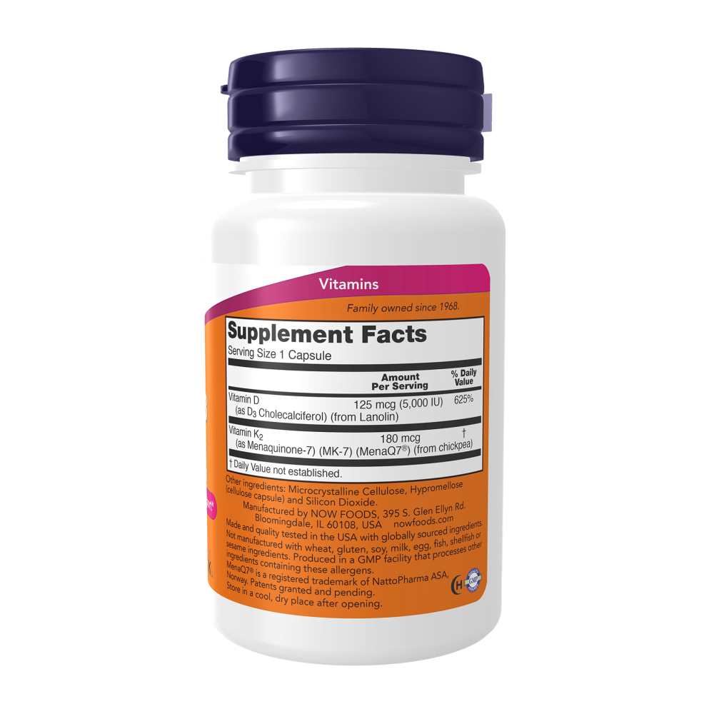 Now Foods Mega D-3 & Mk-7 – 5000 Iu Vitamin D3 + 180 Mcg Mk7 – 60 Capsules thumbnail 4