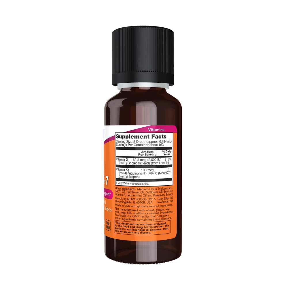 Now Foods Liquid D-3 & Mk-7 – Vitamin D3 2,500 Iu with K2 100 Mcg – Mint Flavor – 30 M L Dropper thumbnail 2